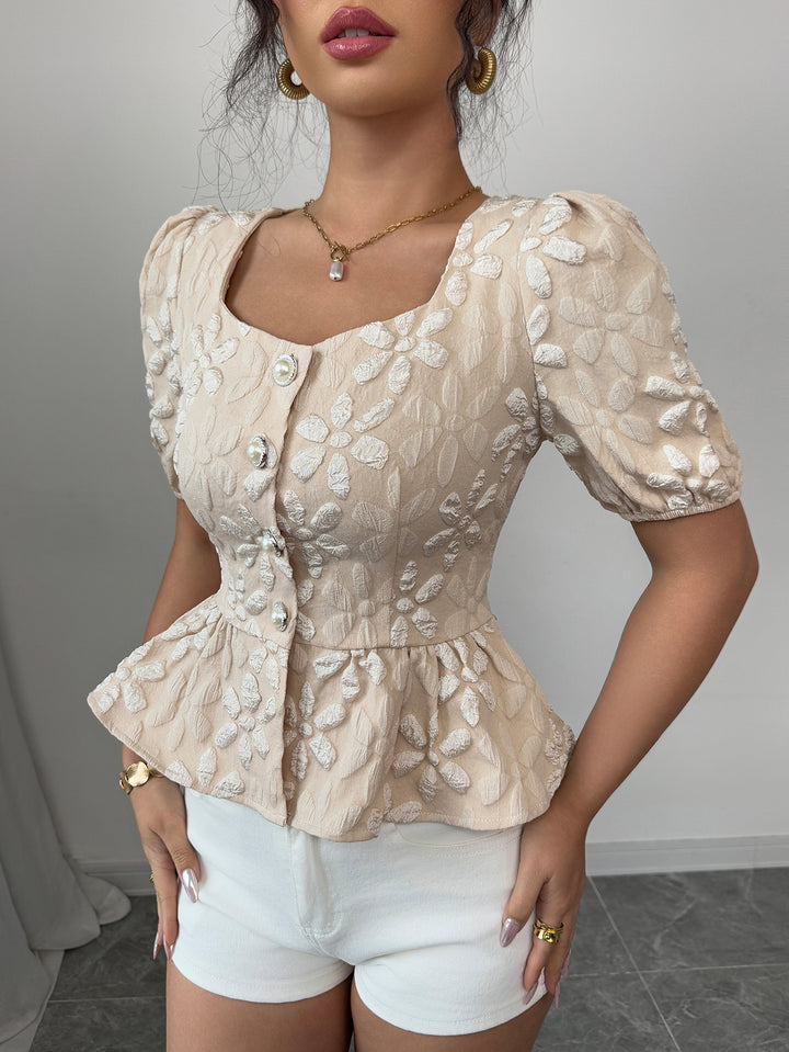Off White Puff Sleeved Peplum Top