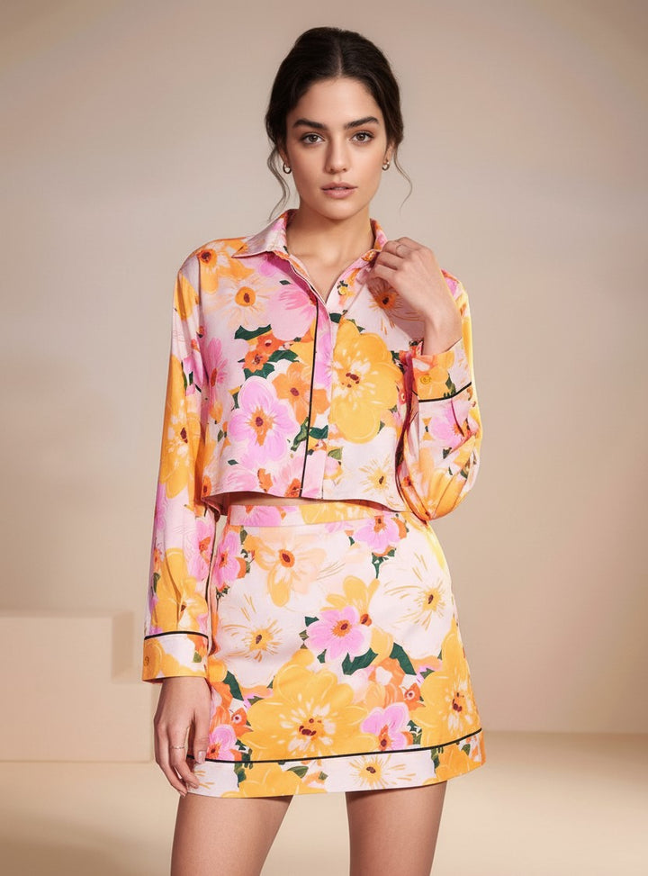 Yellow Full Sleeve Collared Neck Printed Shirt And Skirt Set