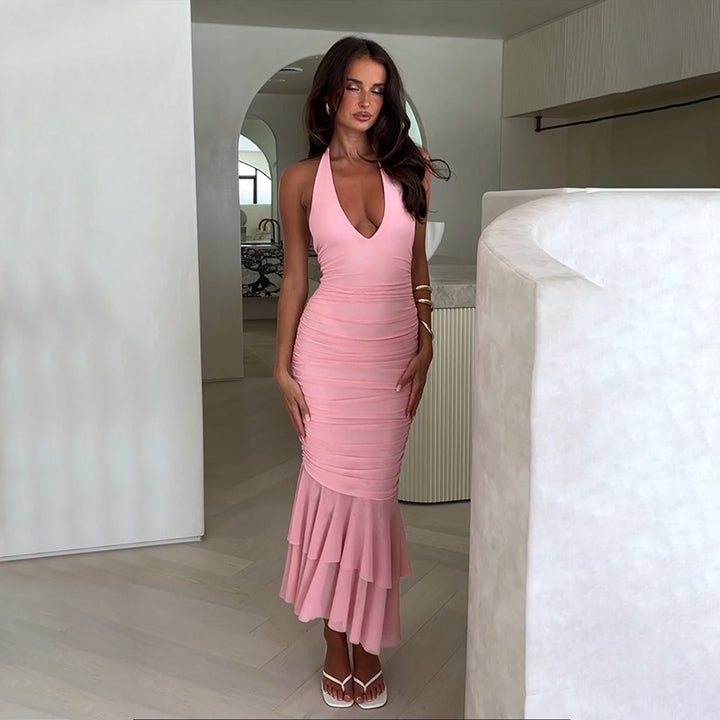 Pink Halter Neck Tiered Ruffle Dress