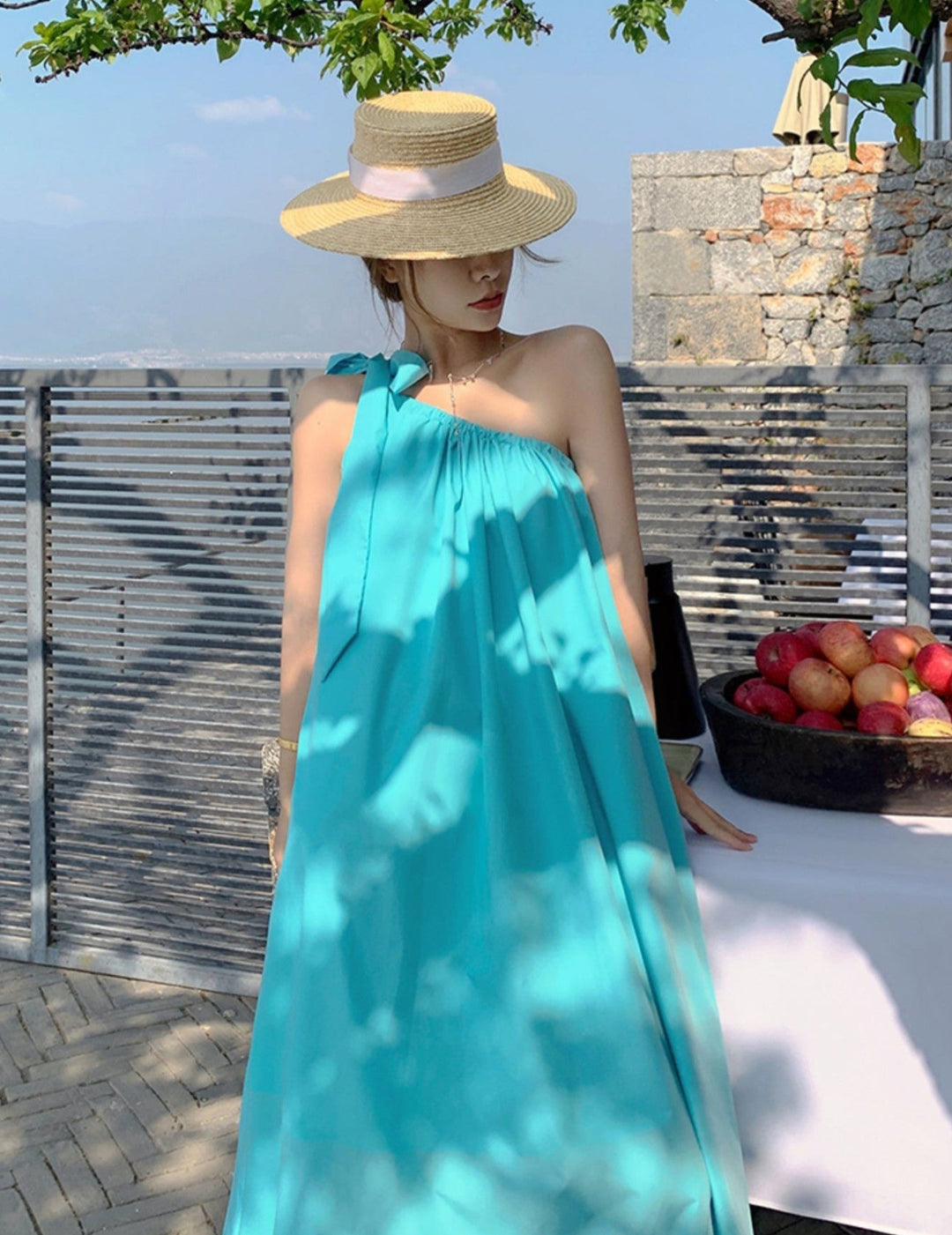 Blue One Shoulder Tie Up Flared Midi Dress