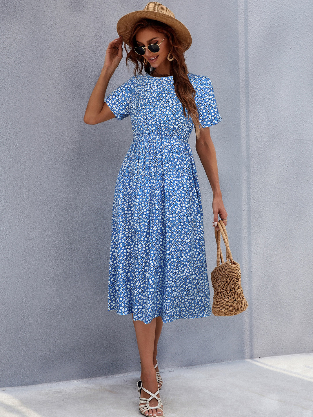 White Ditsy Print Waist Seam Fit And Flare Dress