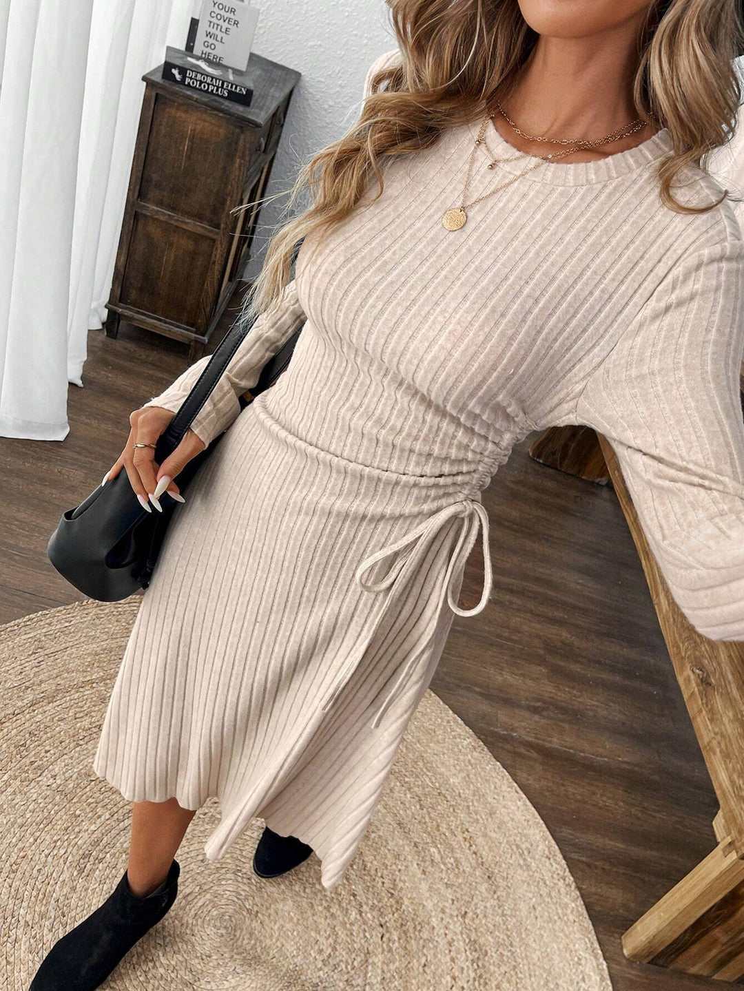 Cream Full Sleeve Side Ruched Dress