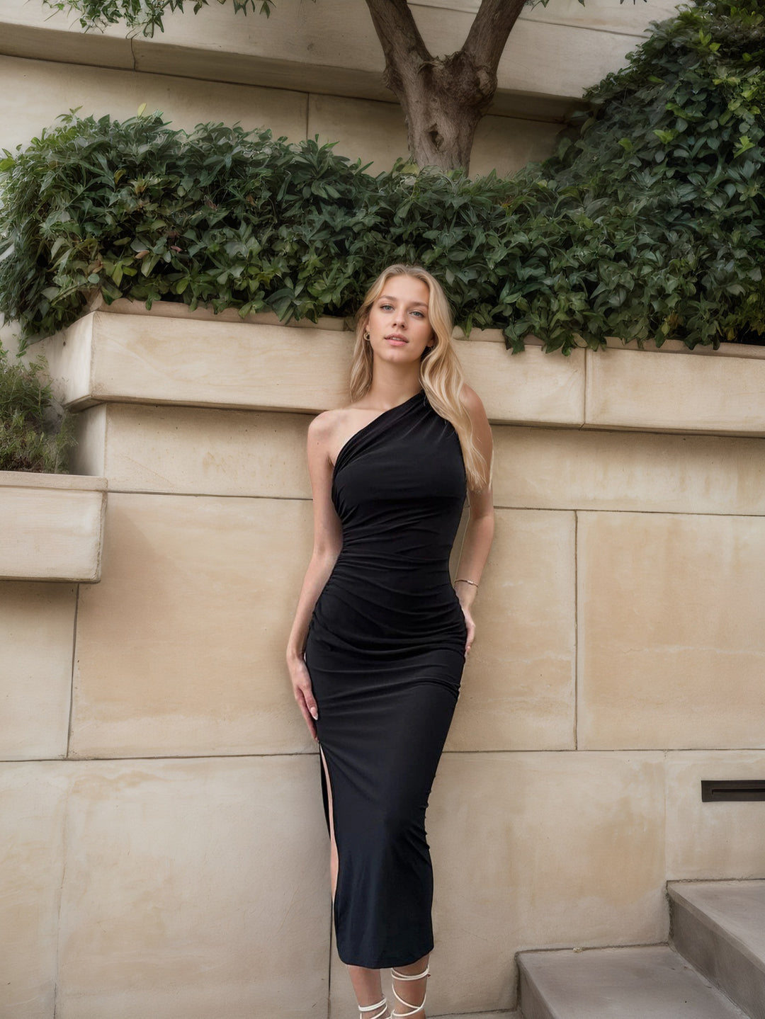 Black One Shoulder Slit Dress