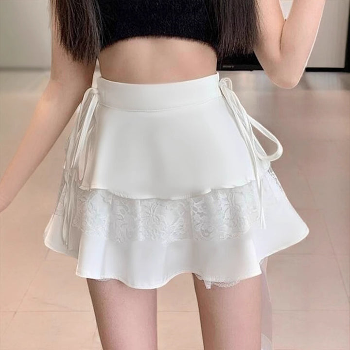 White Tiered Skirt With Lace Inserts