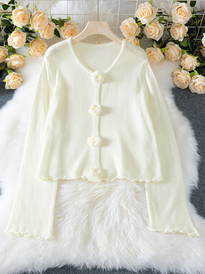 Off White Full Sleeves Flower Button Solid Cardigan