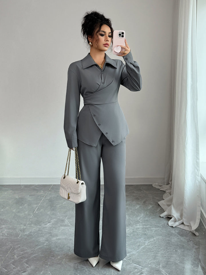 Grey Full Sleeve Wrap Shirt And Pant Set