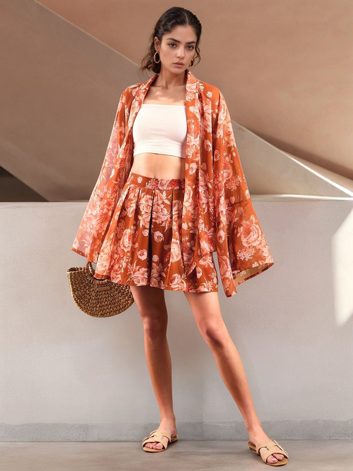 Rust Abstract Printed Full Sleeve Relaxed Shrug