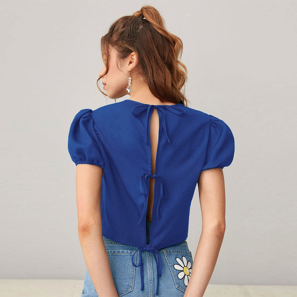 Blue Puff Sleeve Back Tie-Up Detail Top