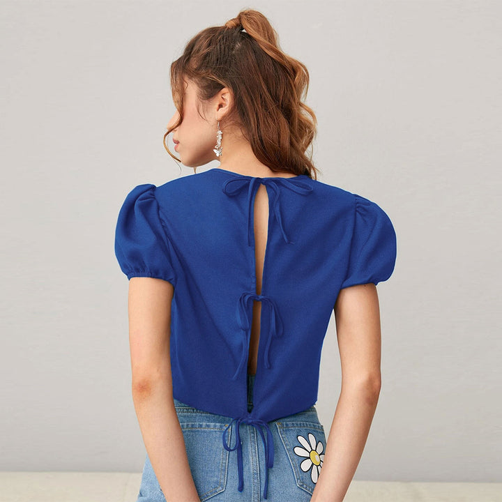 Blue Puff Sleeve Back Tie-Up Detail Top