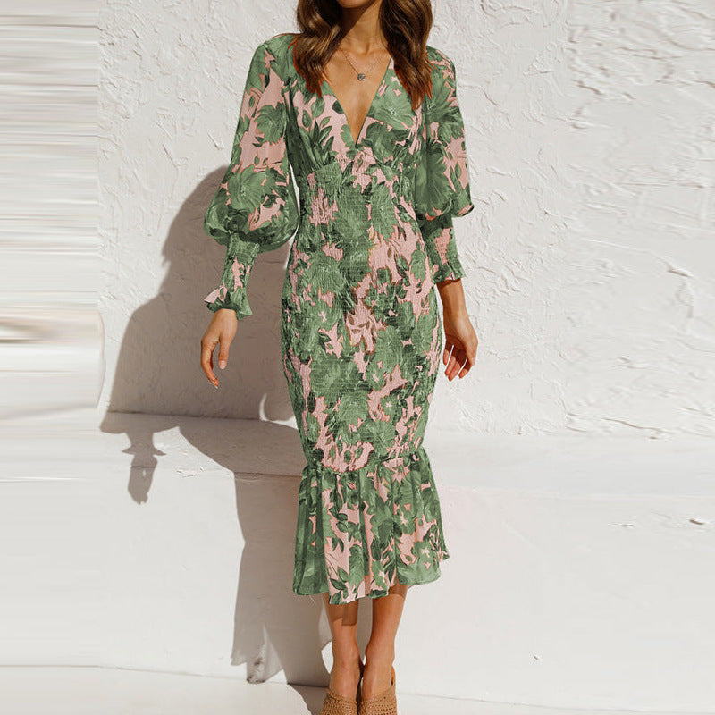 Green Plunge Neck Printed Cinched Waist Dress