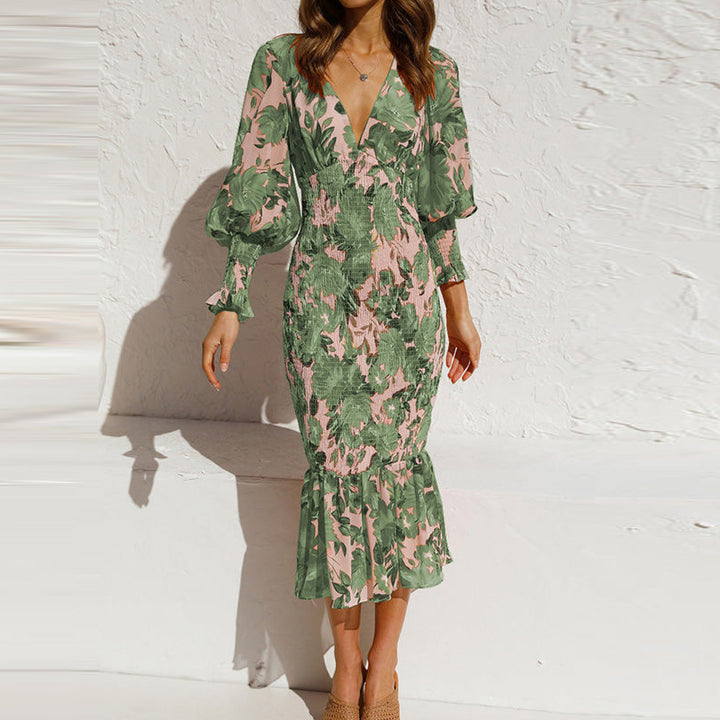 Green Plunge Neck Printed Cinched Waist Dress
