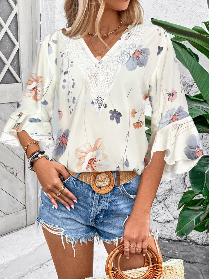 Cream Printed V Neck Top