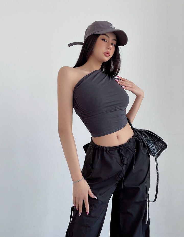Charcoal One Shoulder Ruched Tank