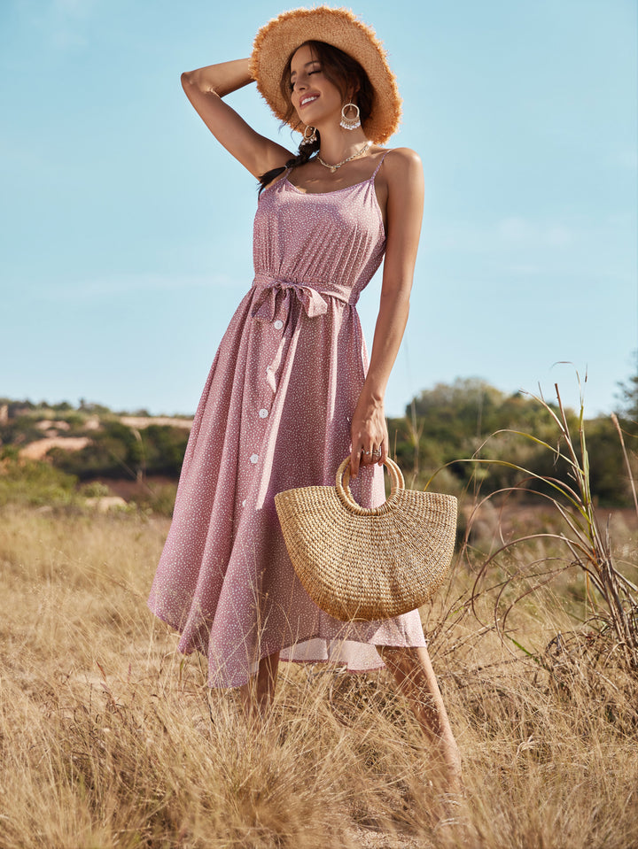 Pink Ditsy Floral Print Off Shoulder Dress