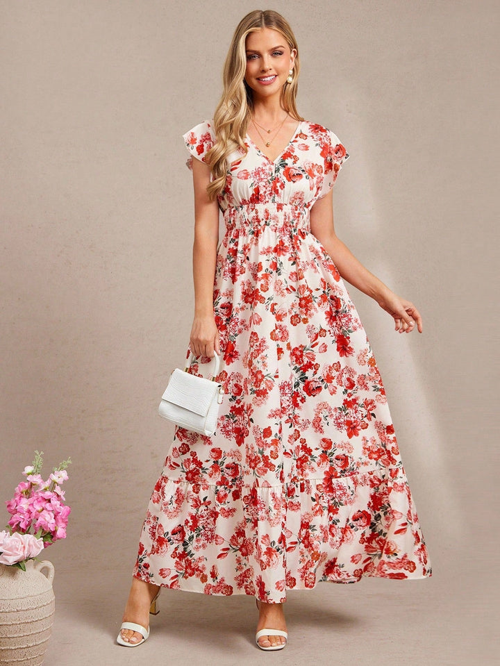 Multi Ruffle Sleeve V Neck Printed Dress