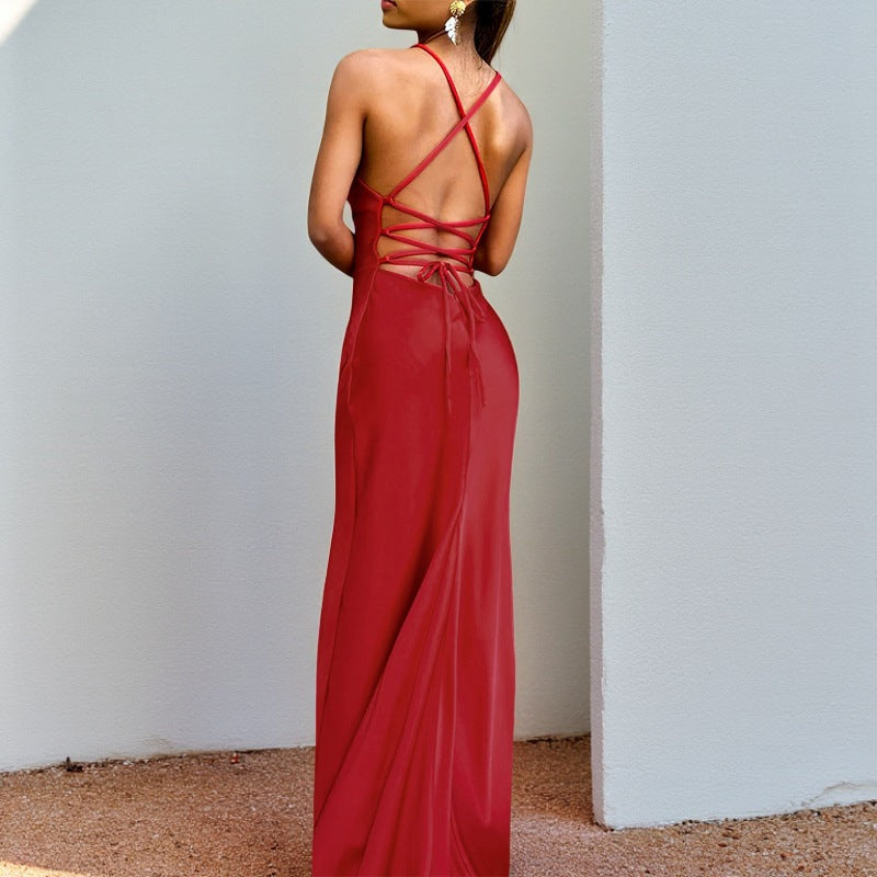 Red Halter Neck Evening Fit & Flare Dress