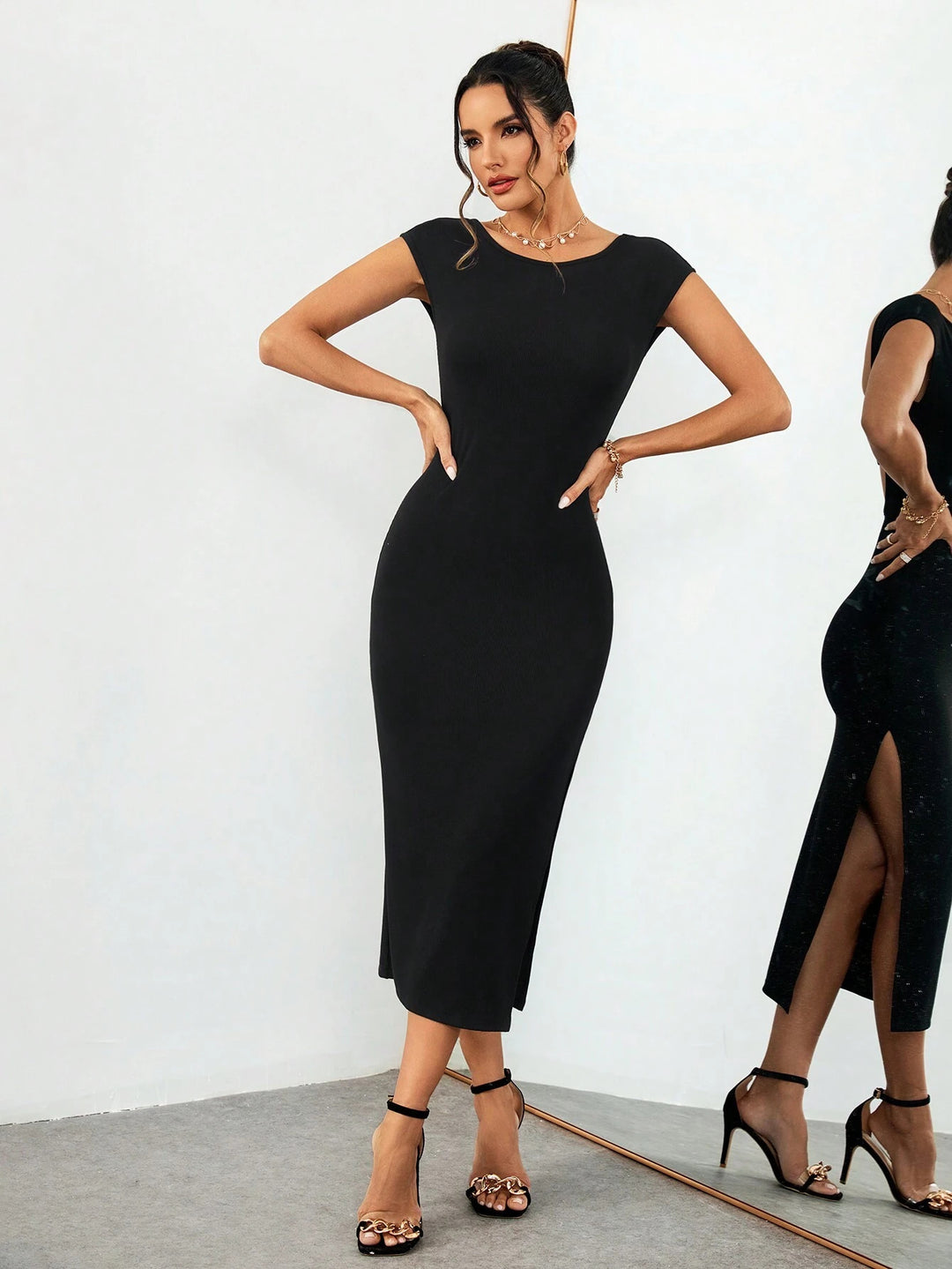 Black Deep Back Solid Slit Dress