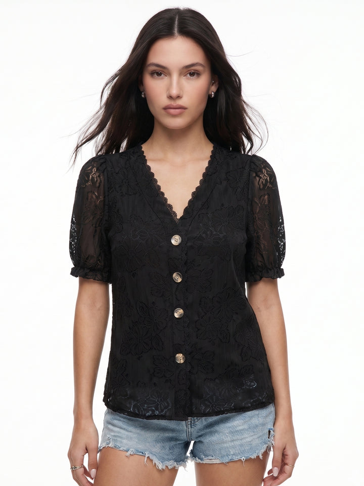 Black Lace Detail Front Buttoned Top