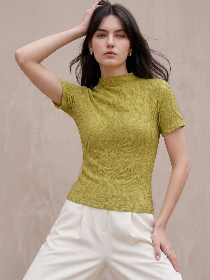 Green Textured High Neck Fitted Top