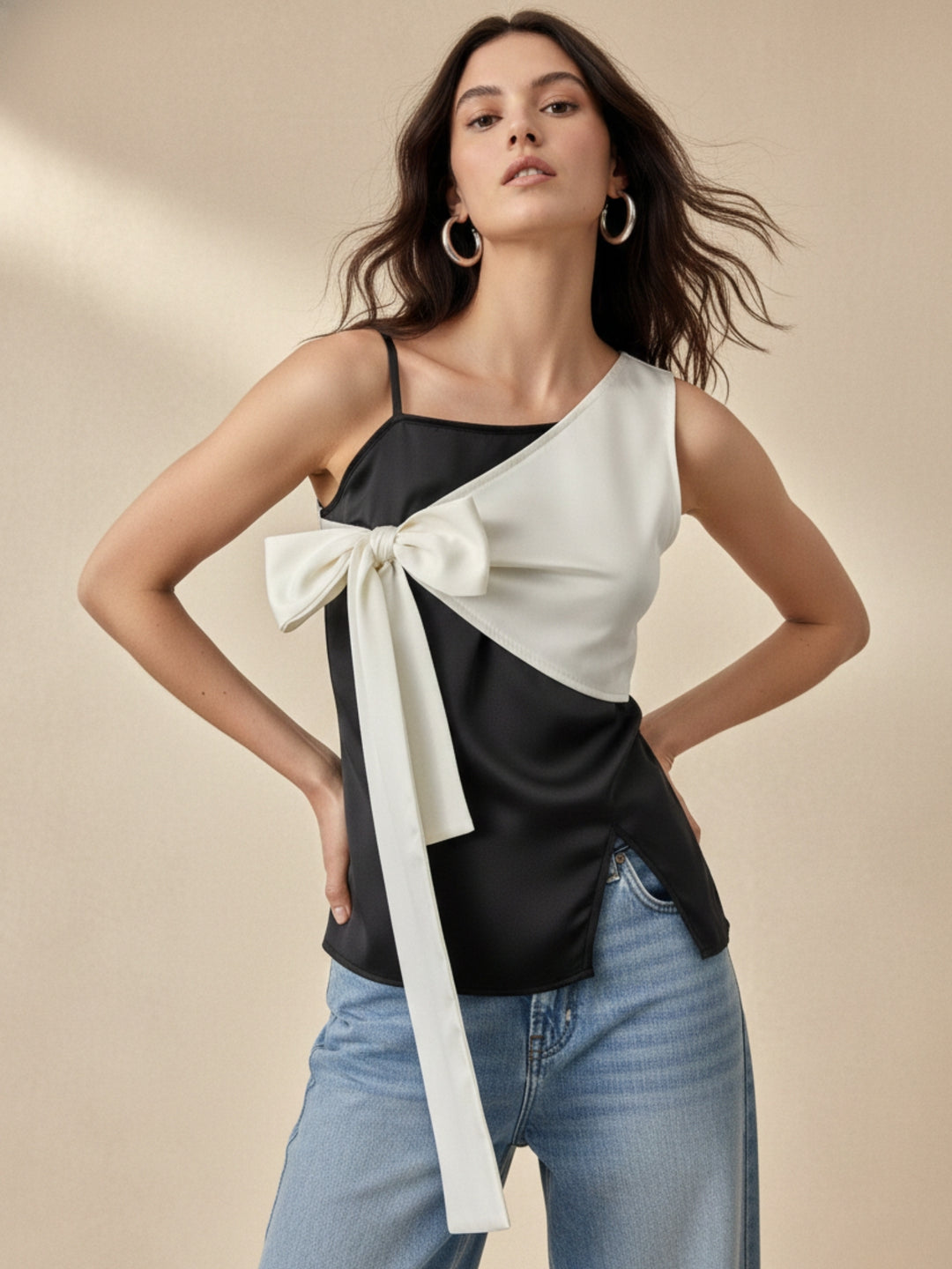 Black Fitted Top With Contrast Tie Up Bow Detail
