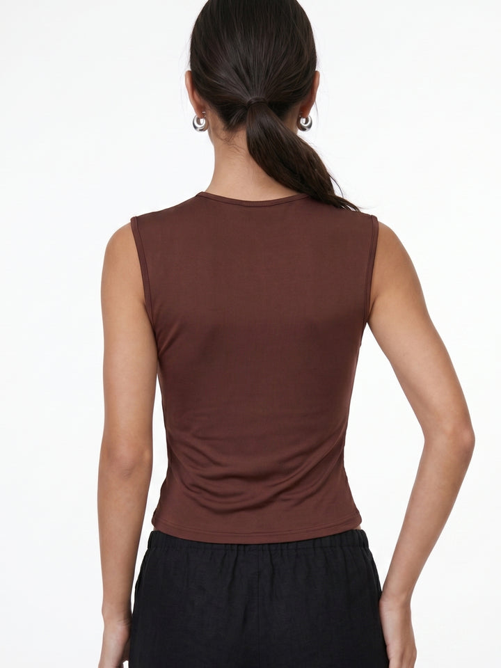 Brown Cowl Neck Top With Lace Inserts