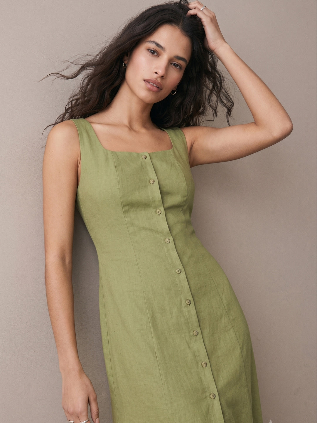 Olive Square Neck Button Down Dress