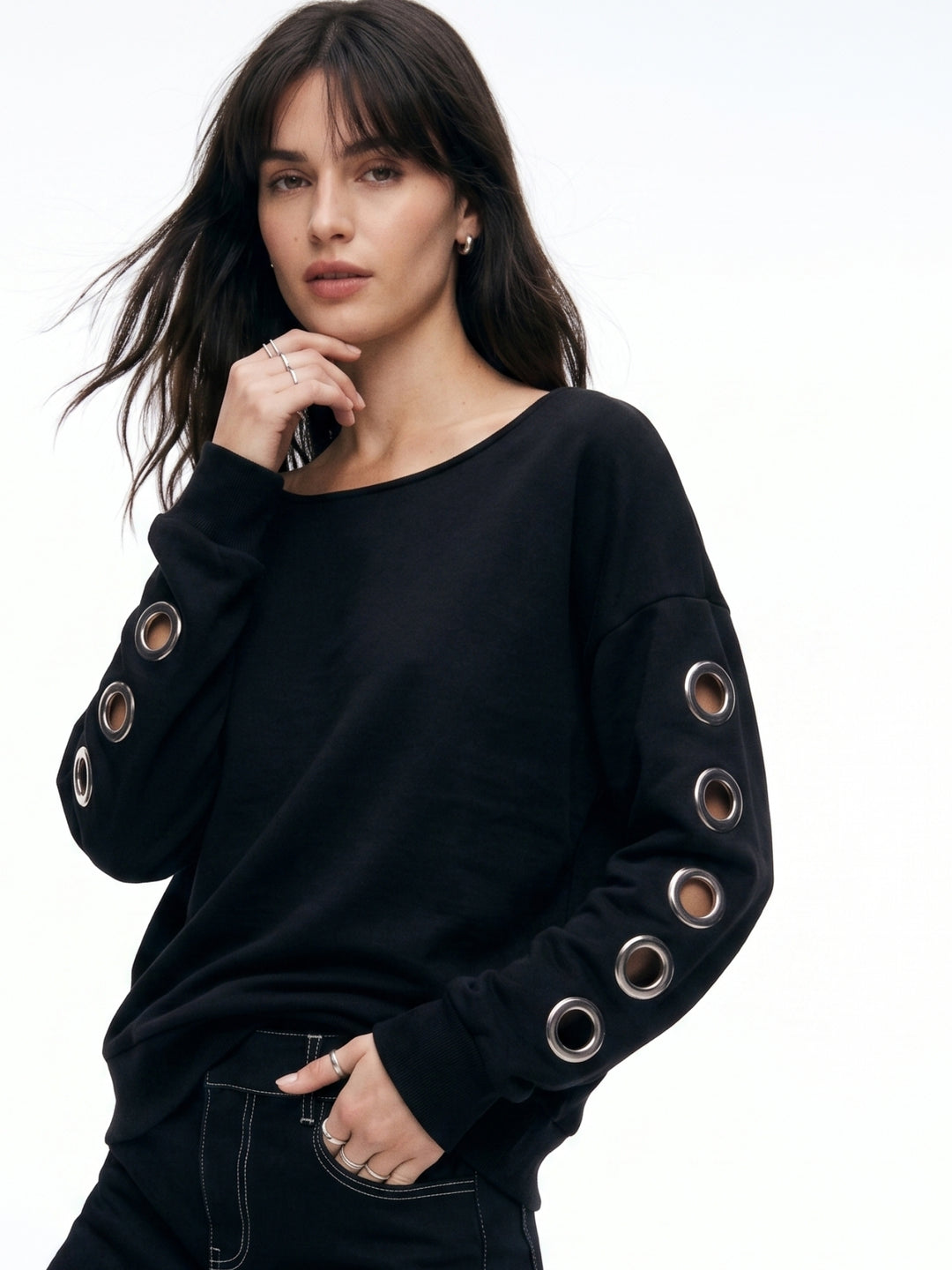 Black Sweatshirt With Metal Eyelets On The Sleeves