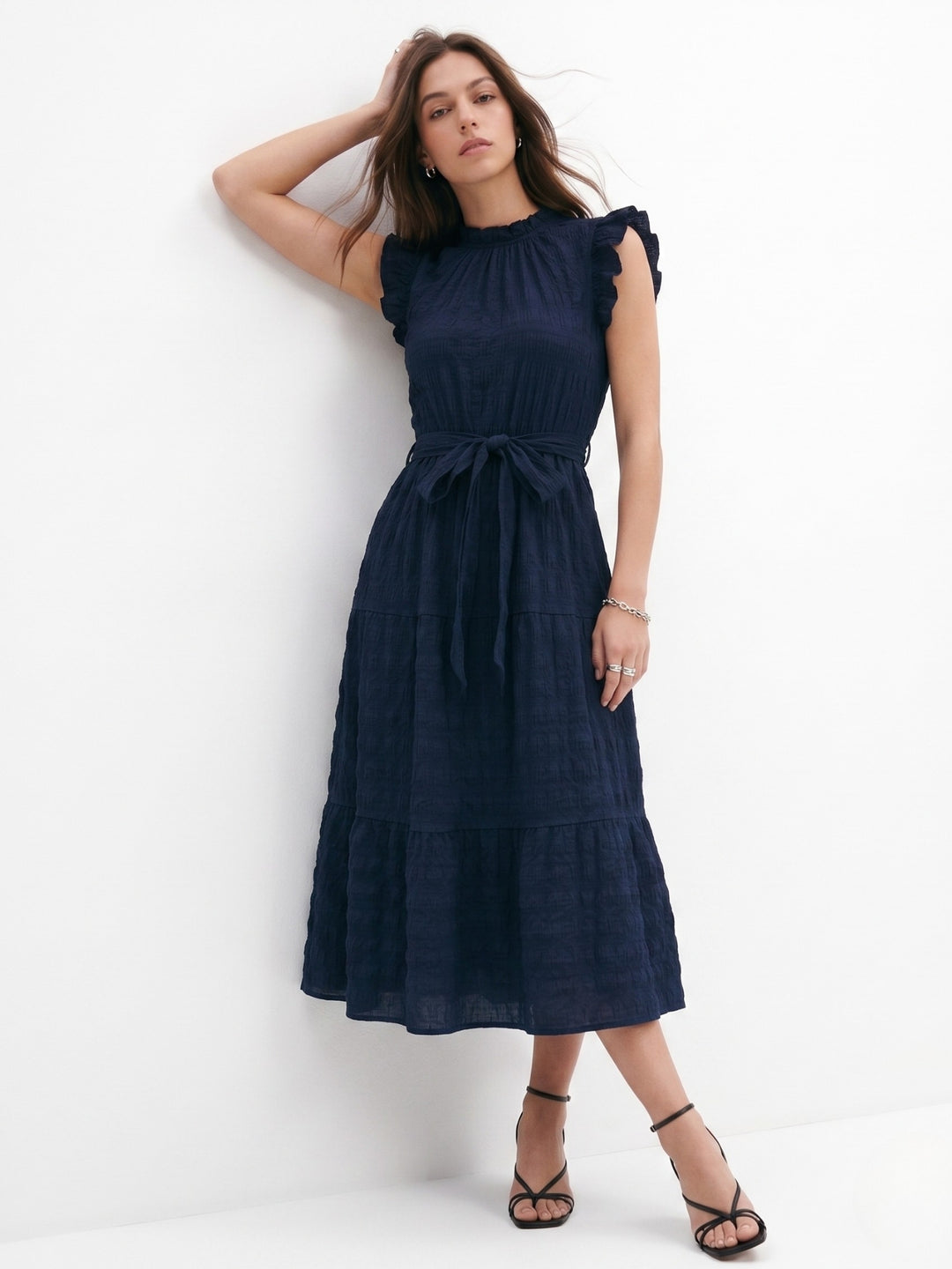 Navy Blue Short Ruffle Sleeve Mock Neck Dress