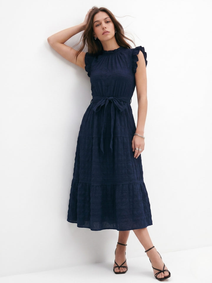 Navy Blue Short Ruffle Sleeve Mock Neck Dress