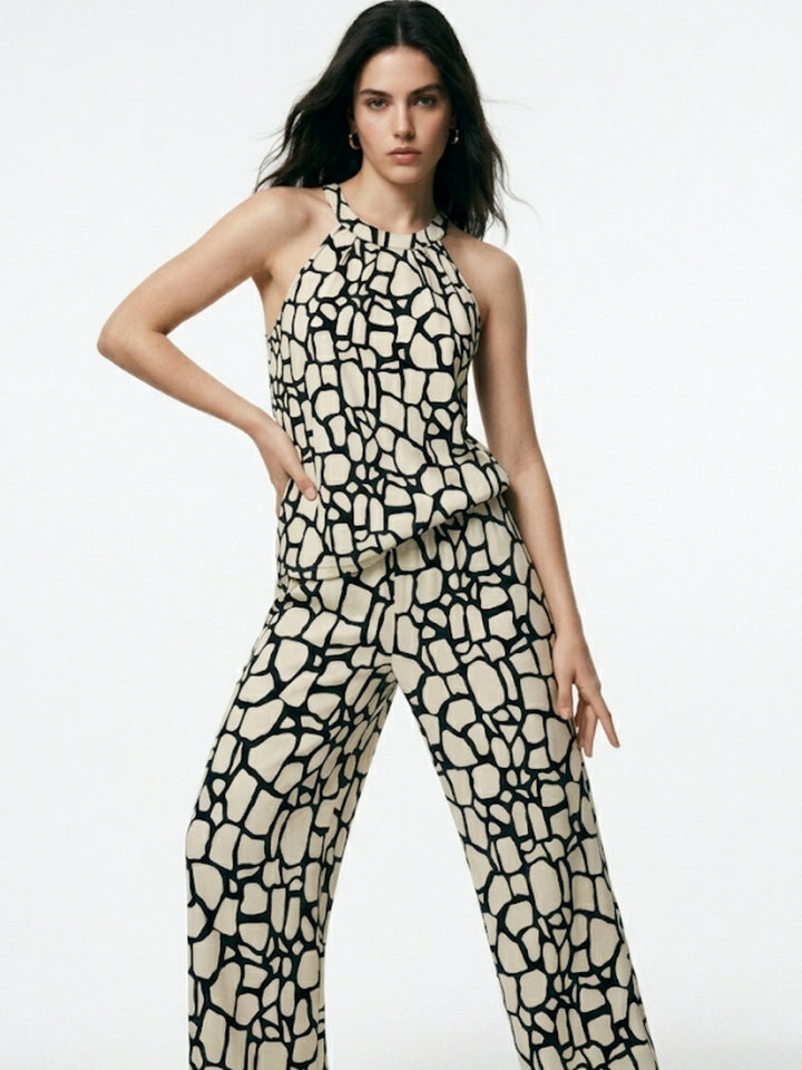 White Abstract Patterned Halter Top And Trousers Co-Ord Set