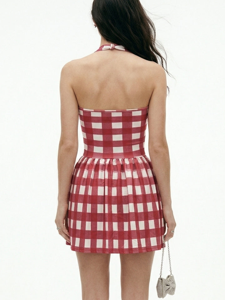 Red Vintage Check Halter Neck Skater Dress