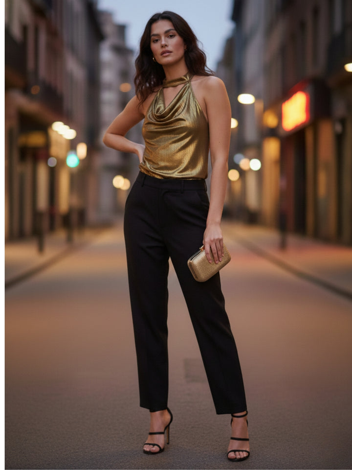 Gold Halter Neck Neck Detail Top