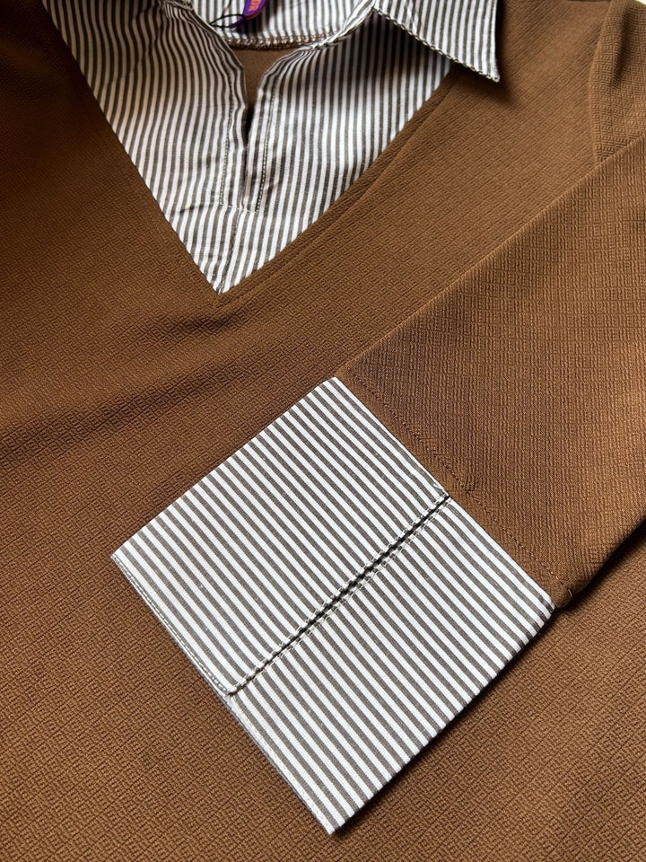 Brown Full Sleeve Contrast Collar Fitted Top