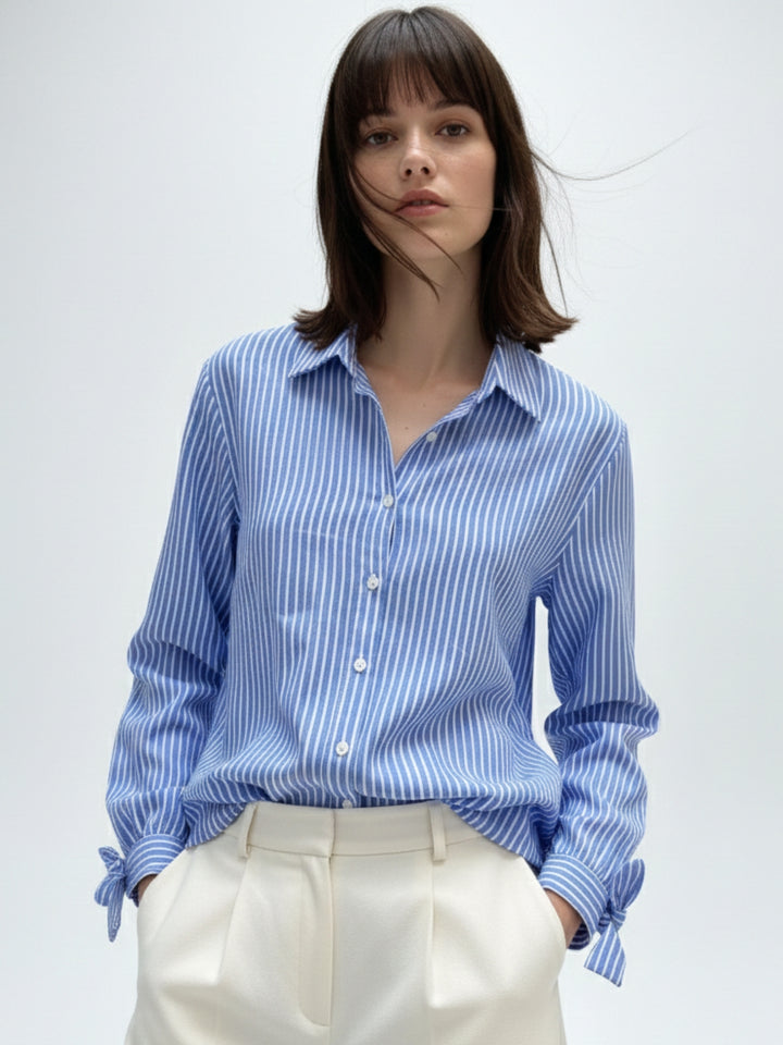 Blue Button Down Shirt With Bow Detailed Cuffs