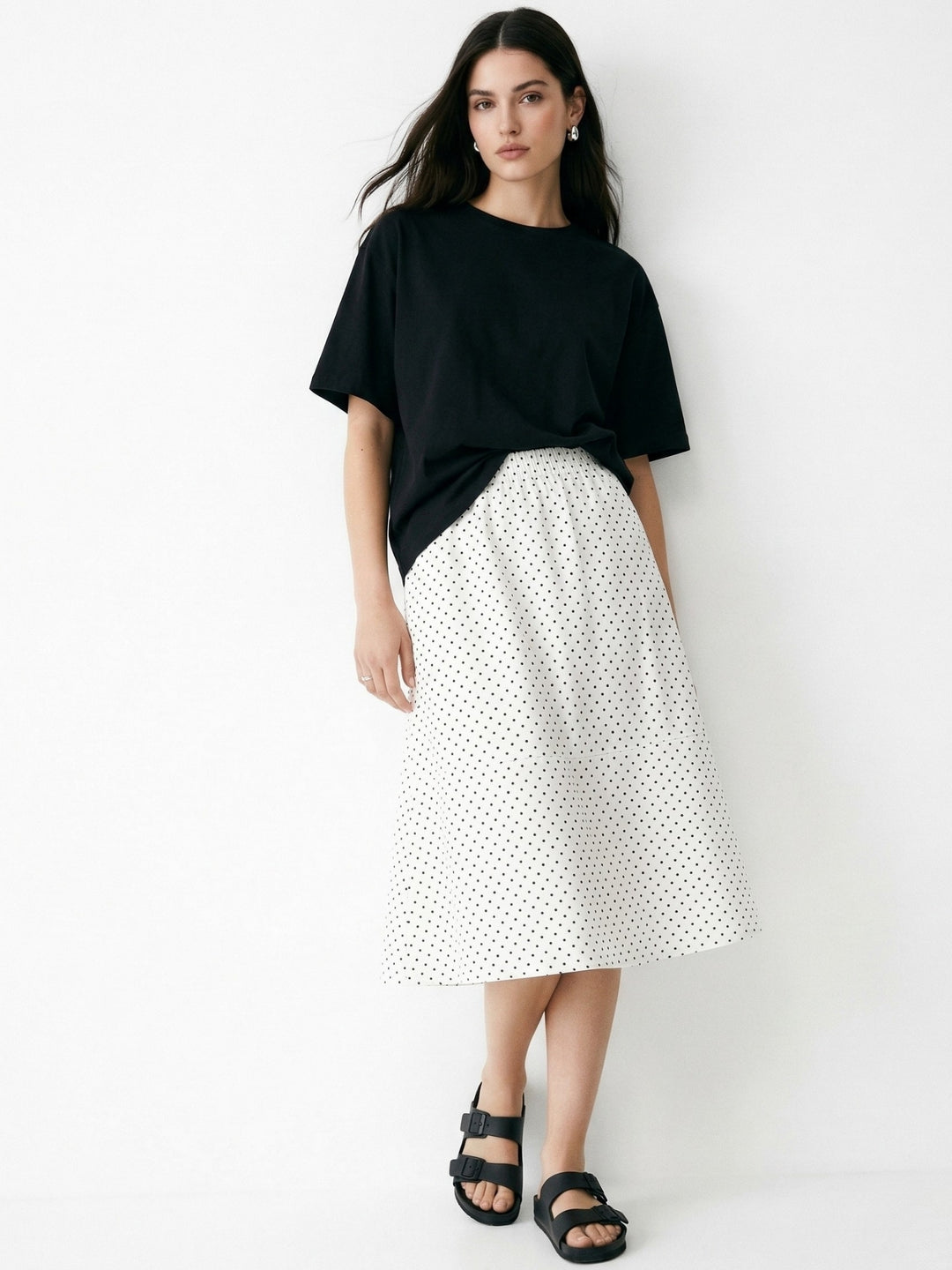 White Polka Printed Flared Skirt