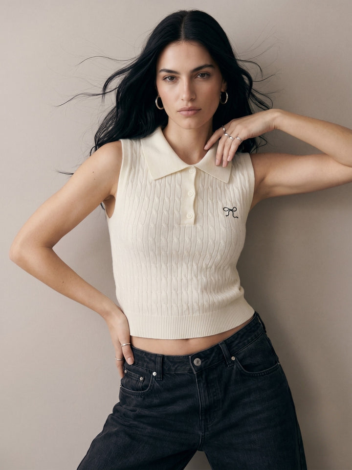 Off White Cable Textured Polo Top With Bow Embroidery