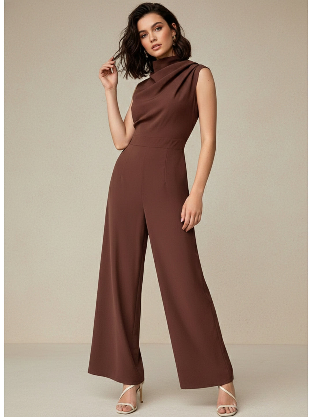 Brown One Shoulder Ruched Jumpsuit