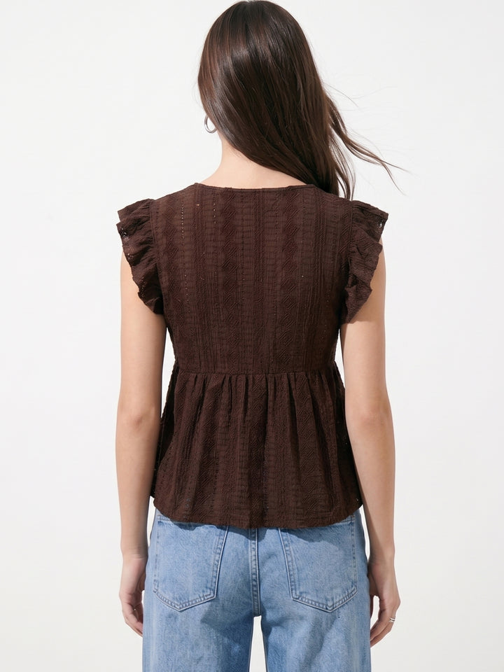 Brown Ruffle Sleeve Lace Detail Top