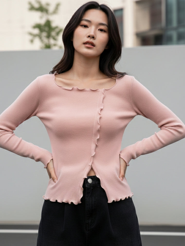 Pink Full Sleeve Wavy Hem Top