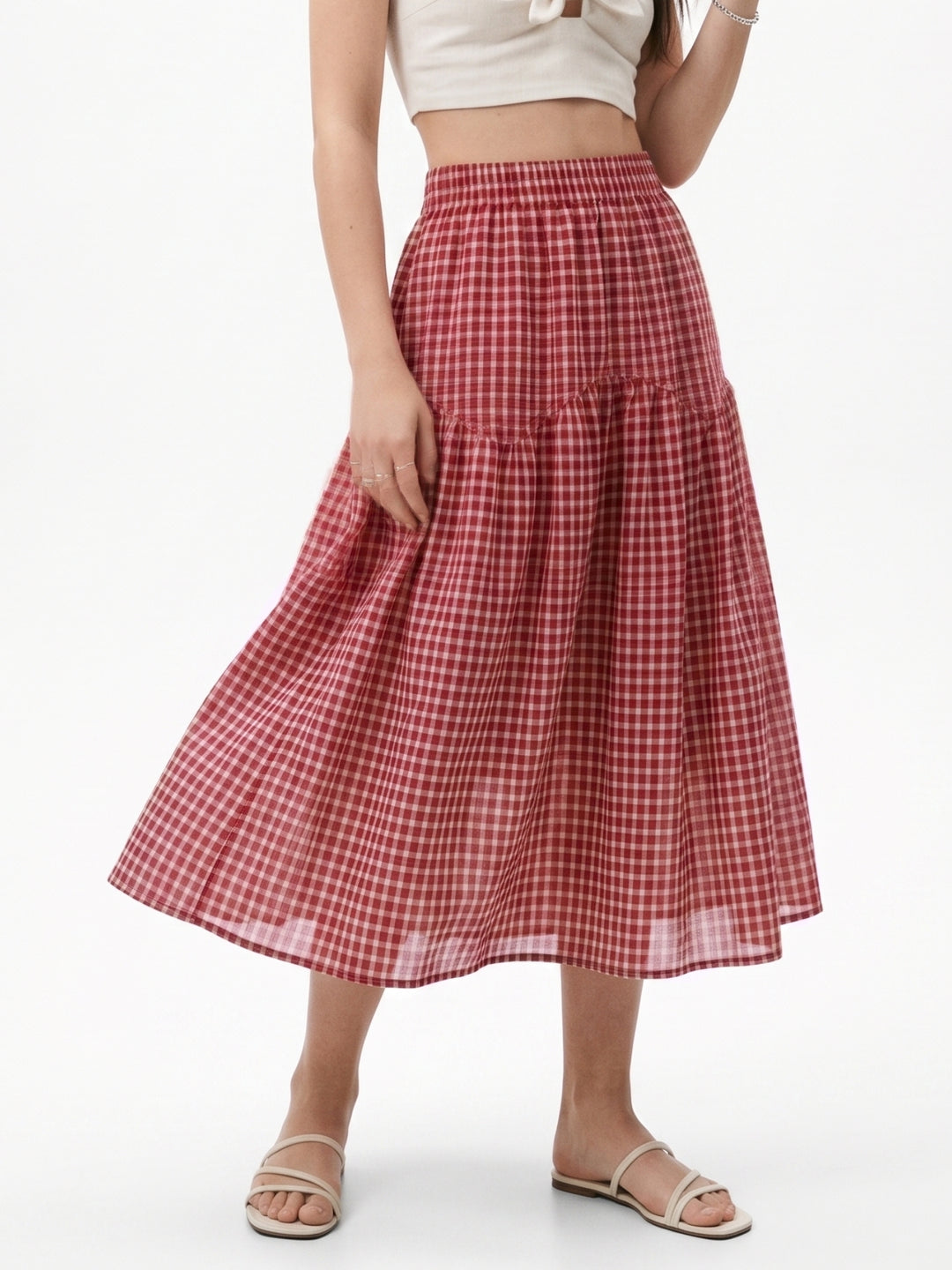 Red High Waist Checkered Skirt