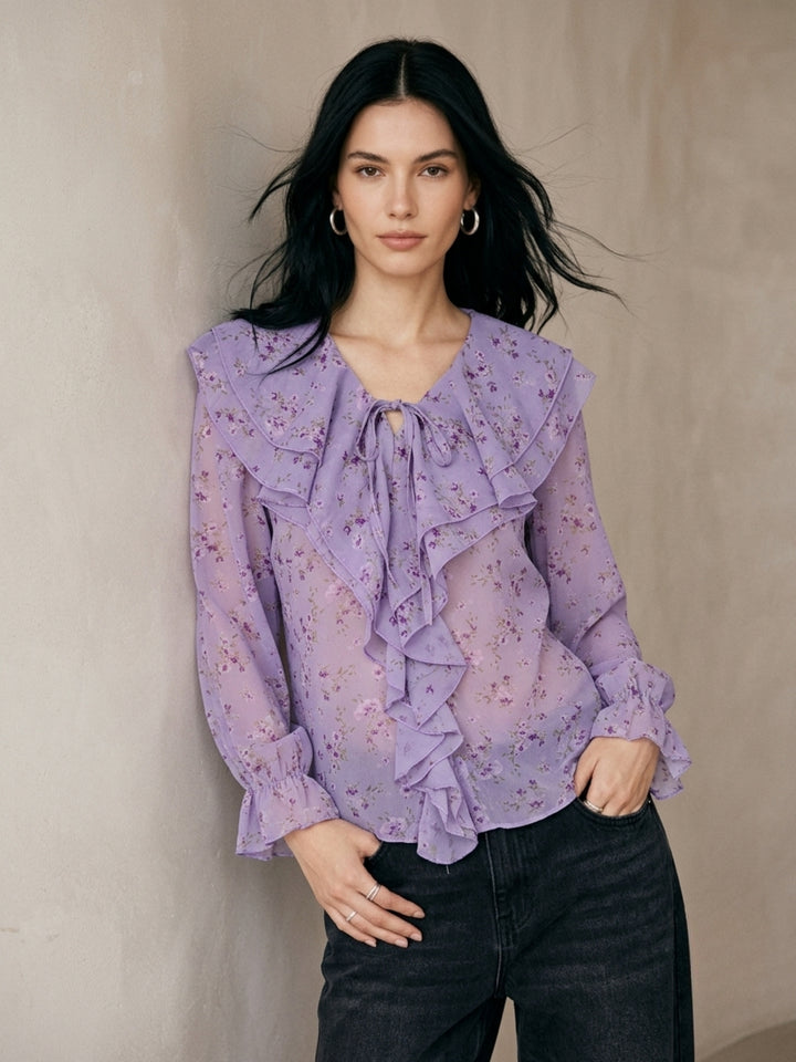 Purple Printed Ruffled Neck Blouse