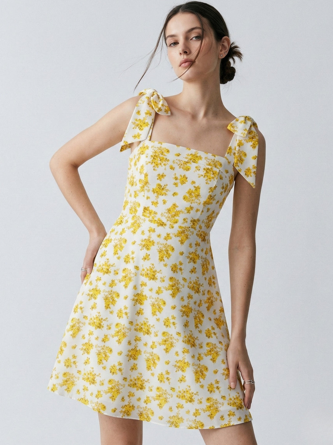 Yellow Shoulder Tie-Up Waist Fitted Dress