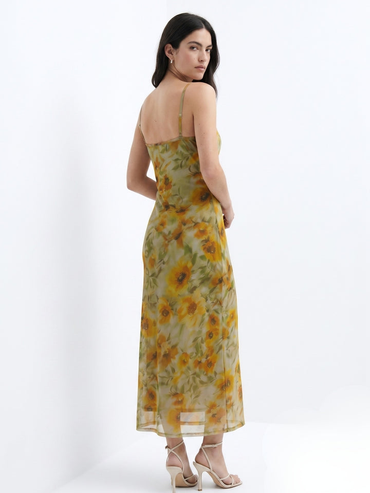 Mustard Blurry Floral Printed Dress