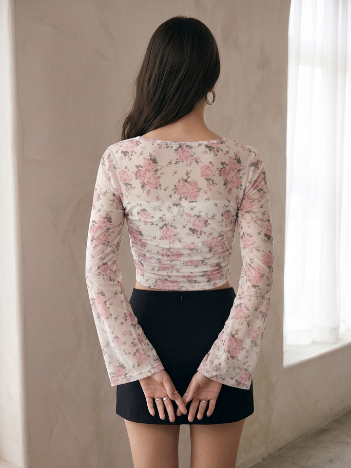 Pink Square Neck Printed Asymmetric Hem Top
