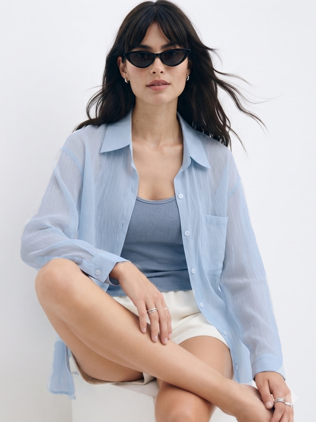Light Blue Full Sleeve 2Piece Semi Sheer Shirt With Top