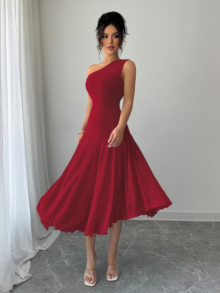 Red One Shoulder Sleeveless Pleated Dress