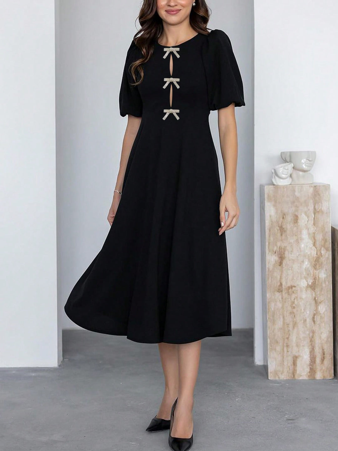 Black Puff Sleeve Front Bow Dress