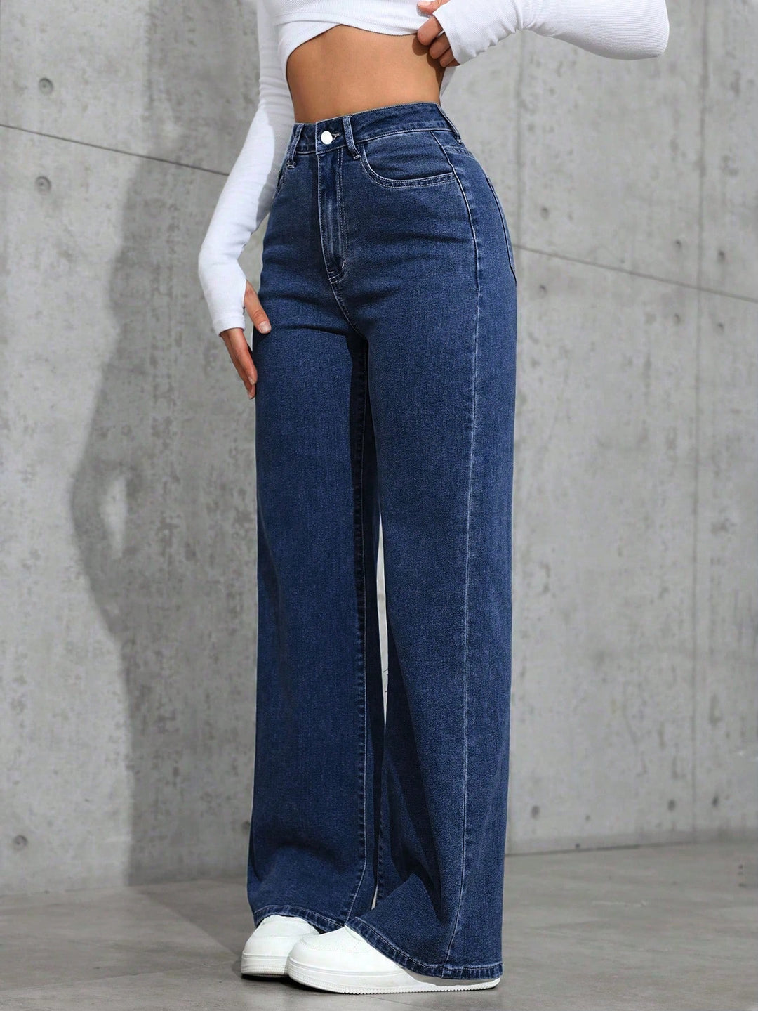 Blue Dark Washed Basic Wide Leg Jeans