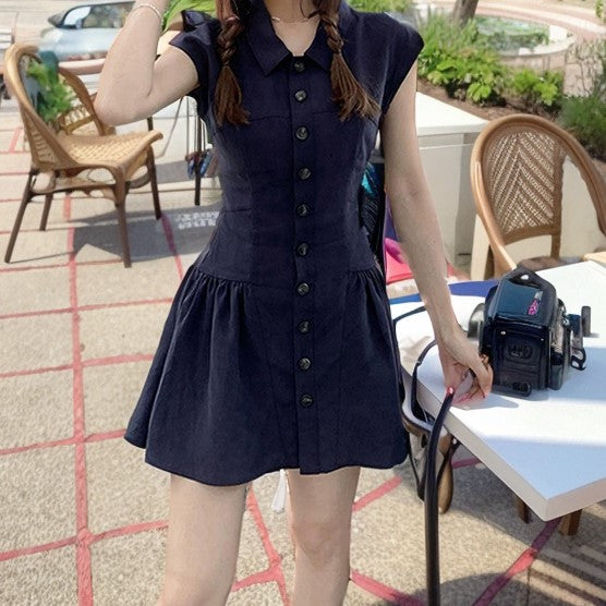 Navy Blue Dropped Hem Gathered Shirt Dress with Waist Cap Sleeves