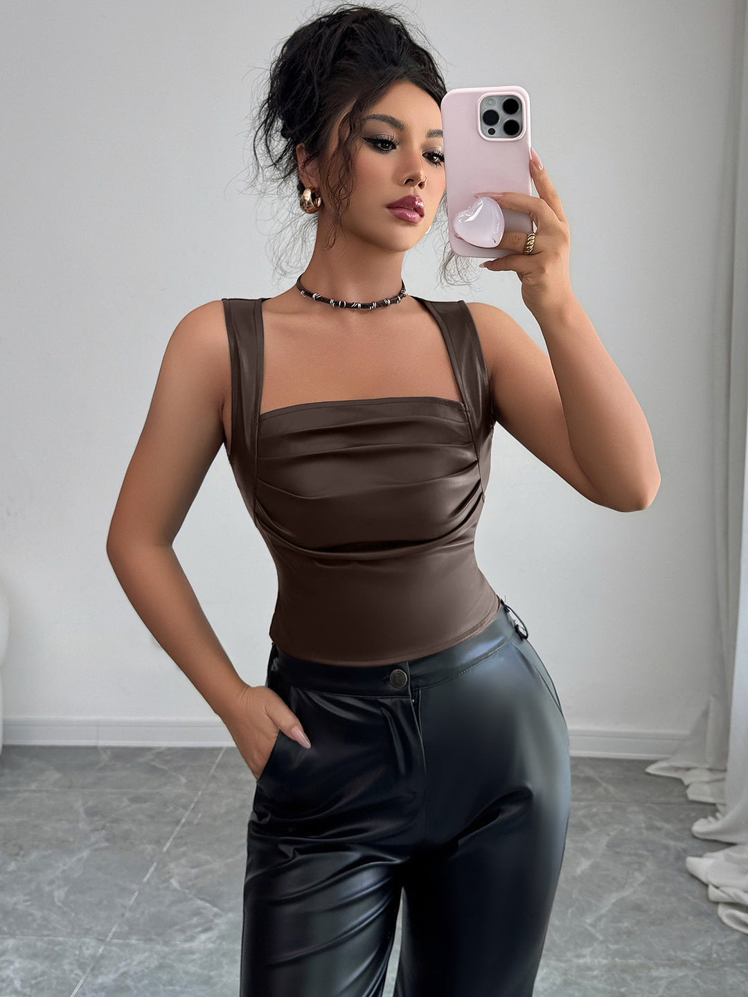 Brown Shoulder Strap Square Neck Top